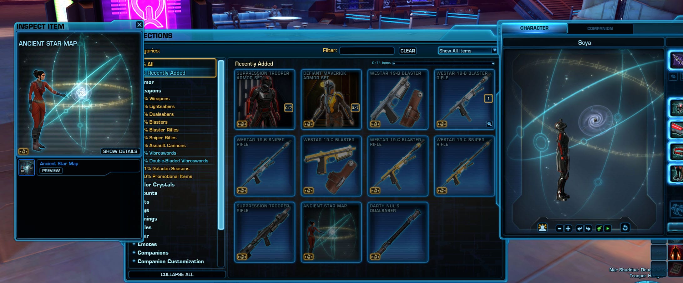 New Cartel Market items on the PTS! New Ancient Star Map Toy, Sabine Wren  Armor, Death Trooper Rifle, Darth Nul's Dualsaber, Westar Weapons