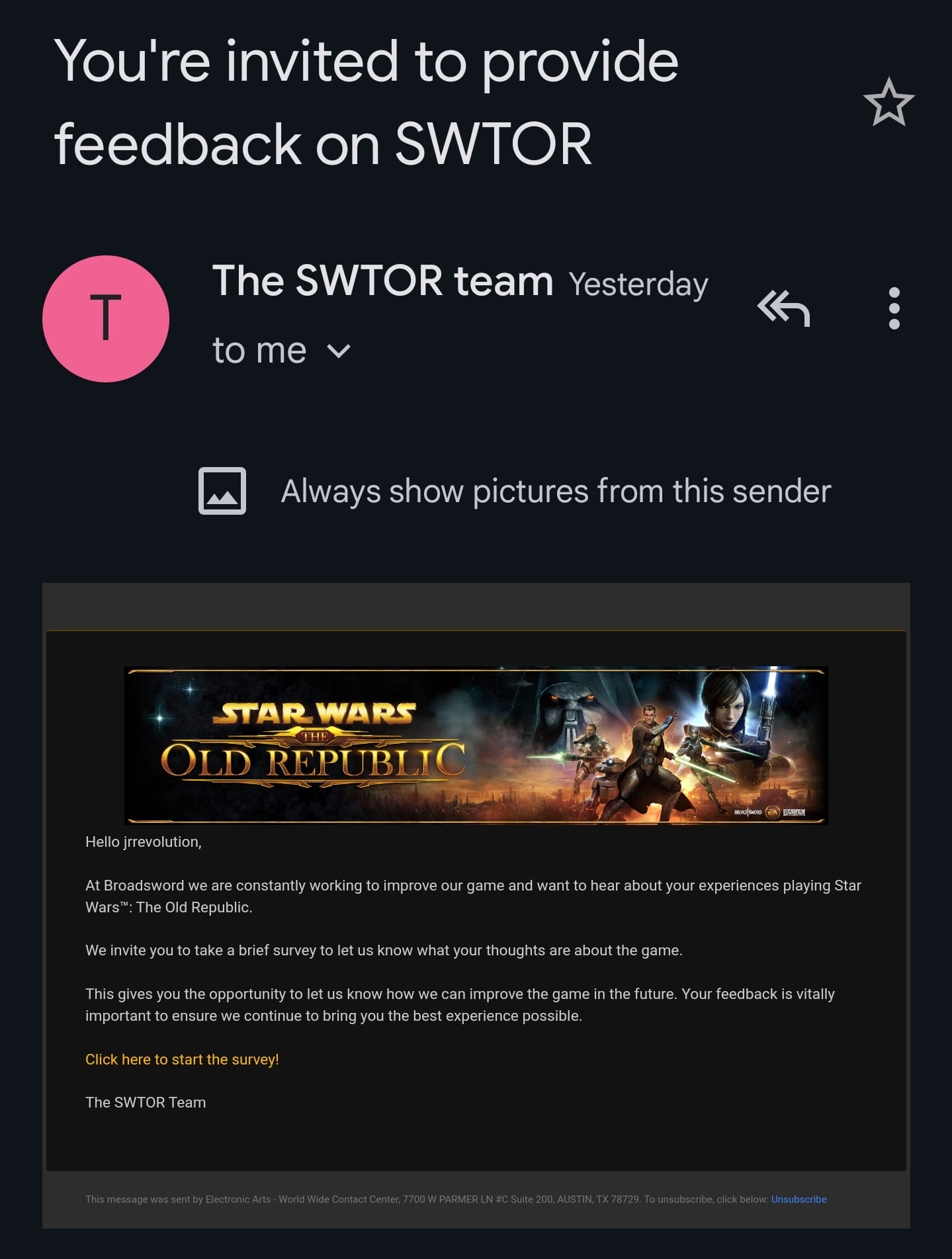 SWTOR Email Survey – If you get a survey about SWTOR in your email