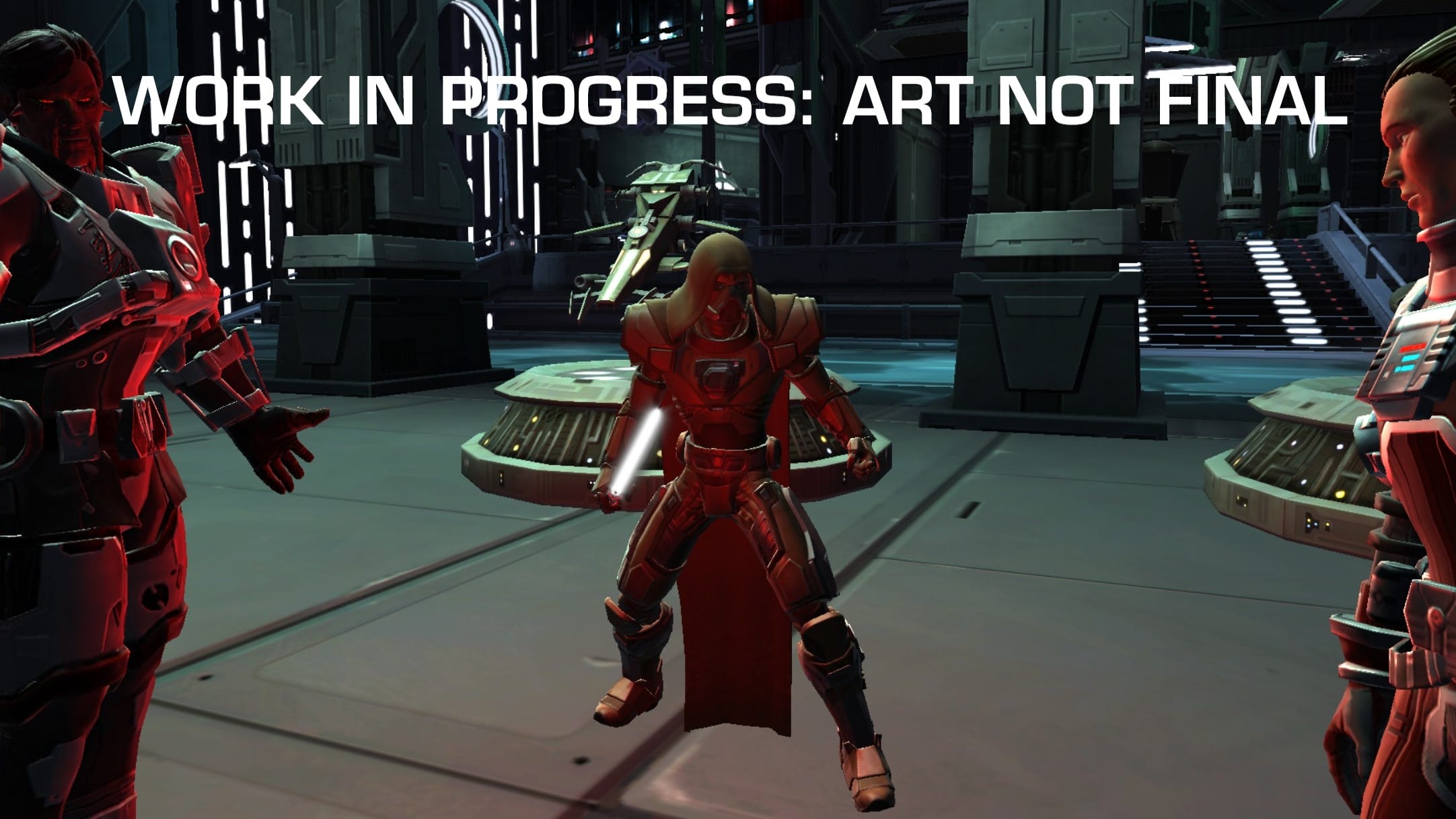 An image of three NPCs standing on the Fleet. More textures have been added.