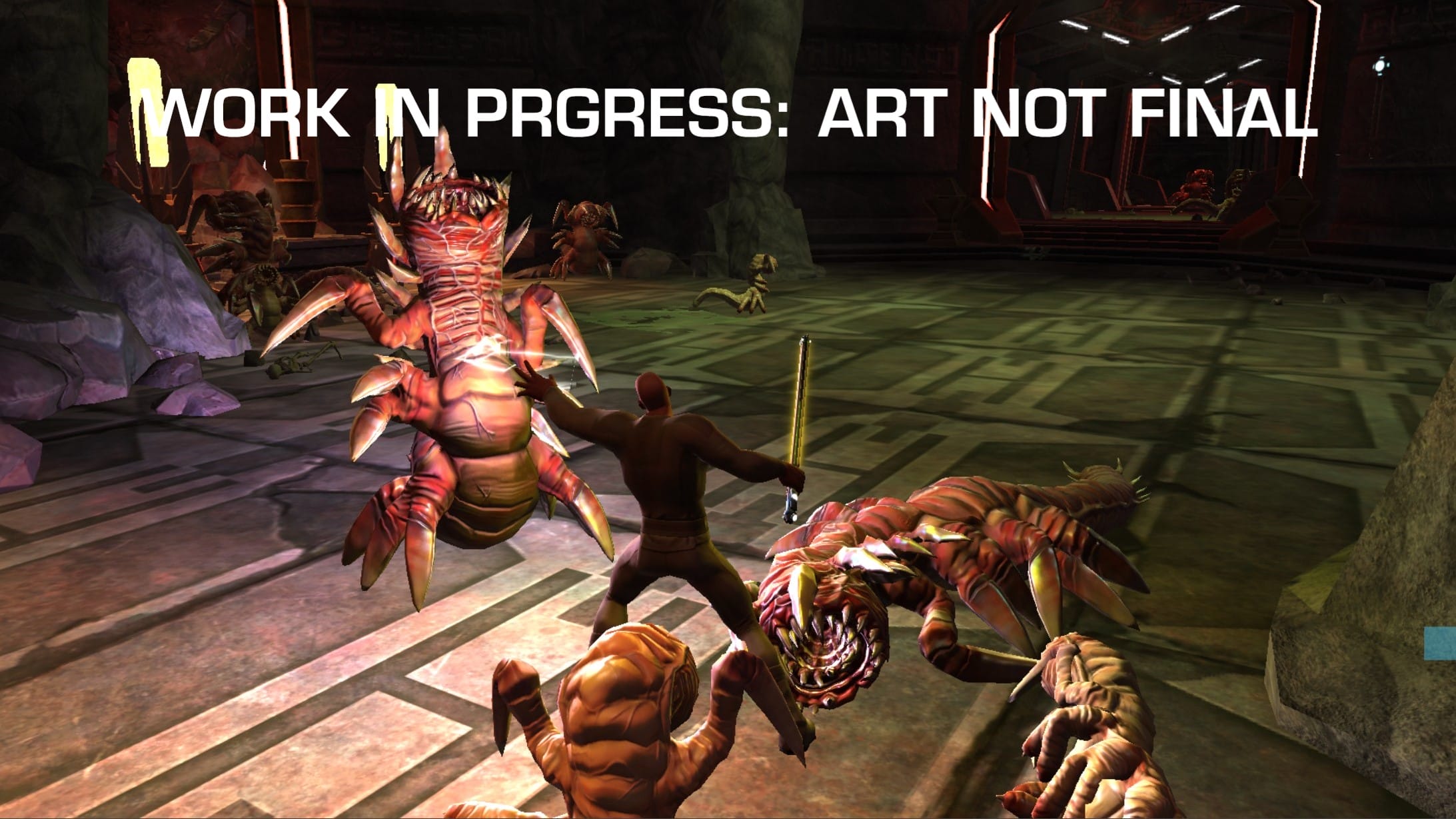 An image of a player fighting K'lor'slugs on Korriban. More textures have been added.