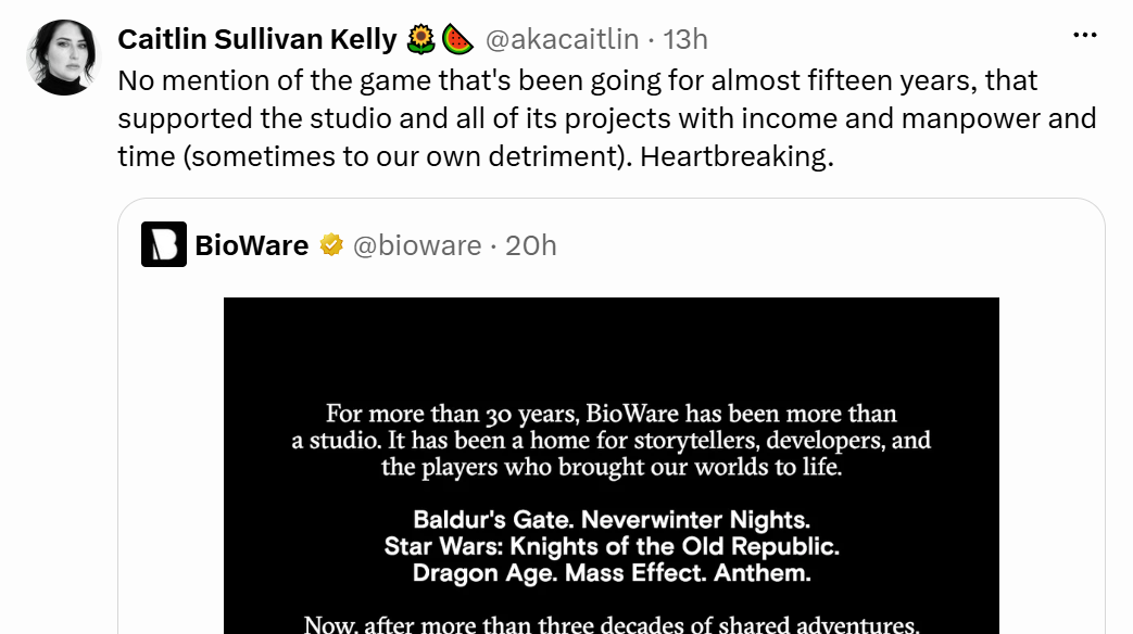 No mention of the game that's been going for almost fifteen years, that supported the studio and all of its projects with income and manpower and time (sometimes to our own detriment). Heartbreaking.