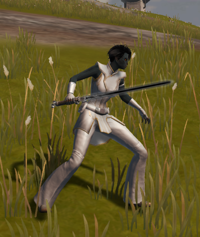 With lightsaber drawn.