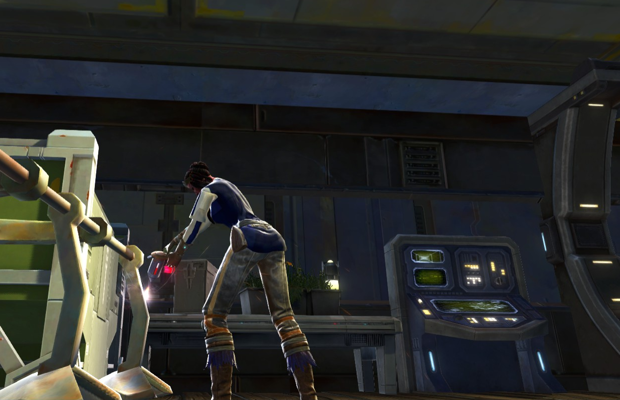 Outfit back-view. Emote (Legacy): Weld. Location: Dantioone, Biba Groves.