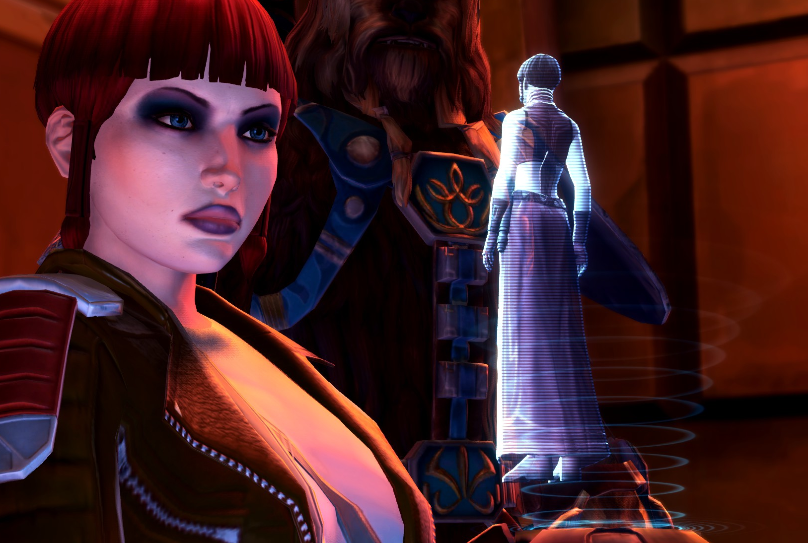 Feylara receiving a message from Vaverone Zare - later known as the infamous Darth Alluress.