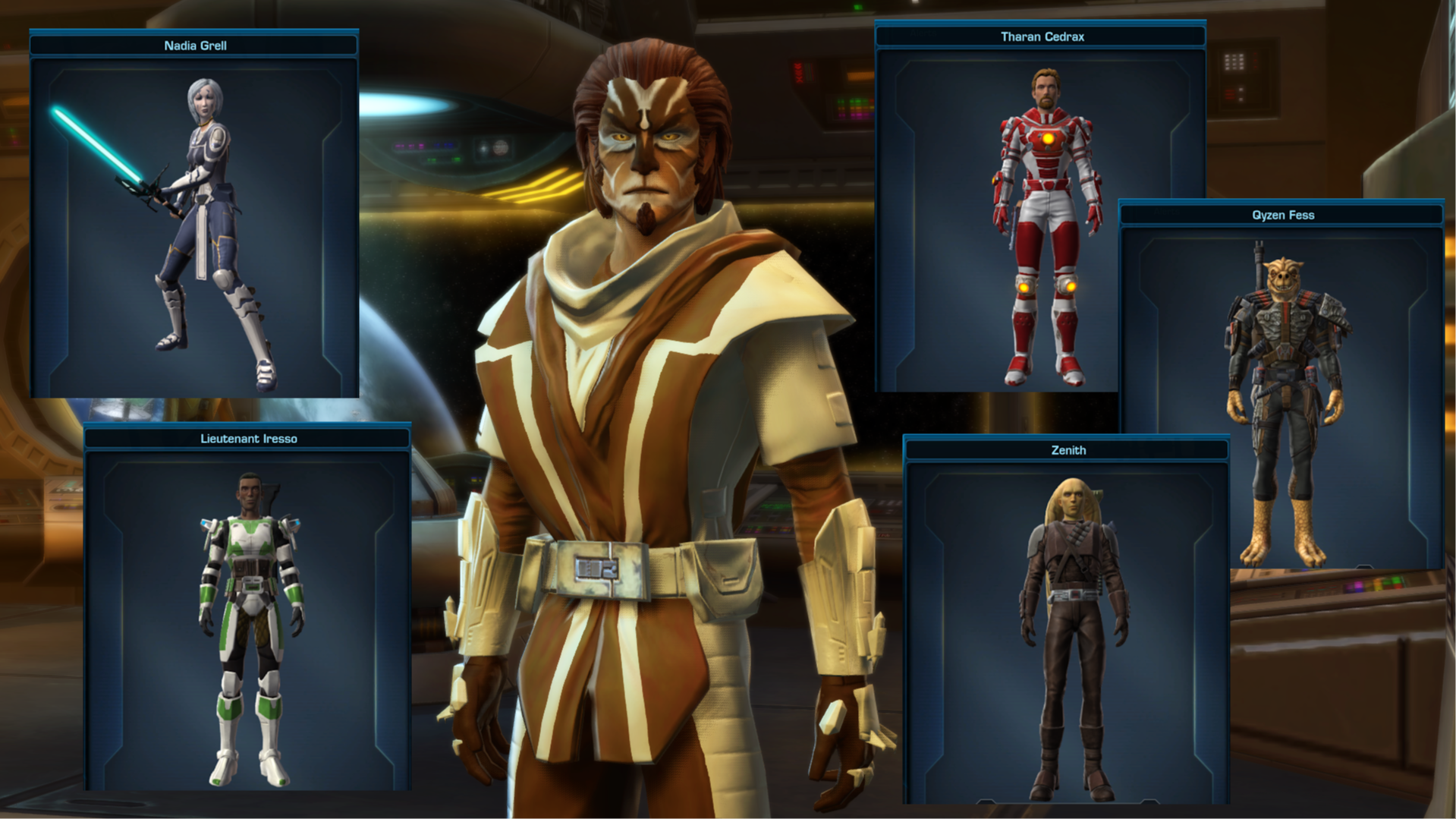 Jedi Master Vyxier and the custom armor for each companion in his inner circle